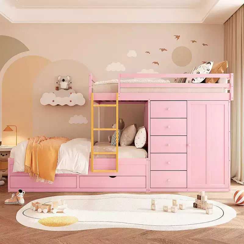 Whisen Full Bunk Bed Frame with 2 Large Drawers & 5 Small Drawers & Small Wardrobe
