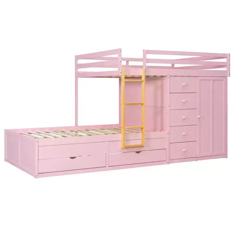 Whisen Full Bunk Bed Frame with 2 Large Drawers & 5 Small Drawers & Small Wardrobe