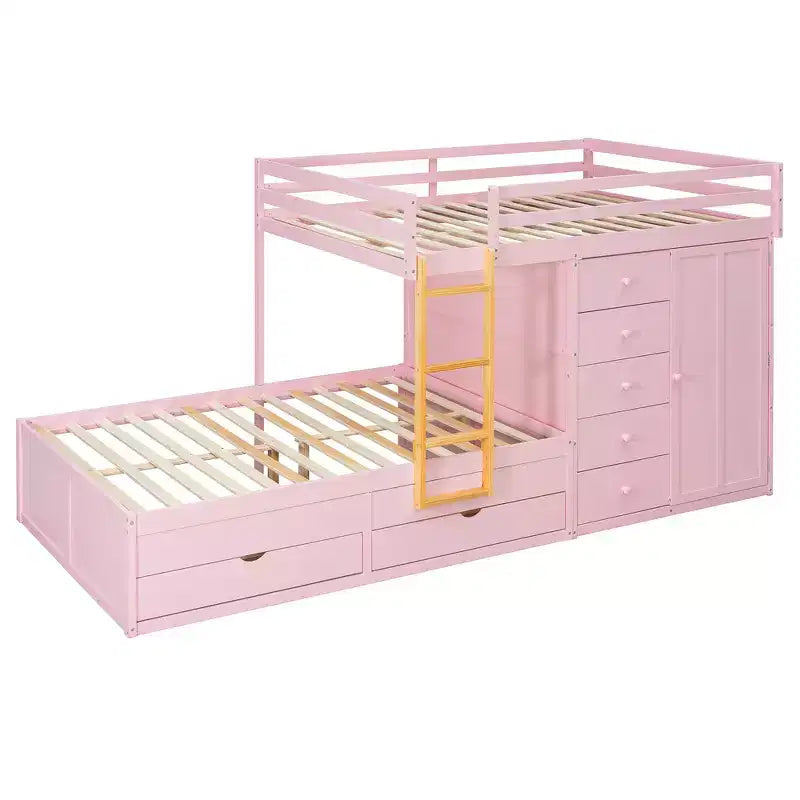 Whisen Full Bunk Bed Frame with 2 Large Drawers & 5 Small Drawers & Small Wardrobe