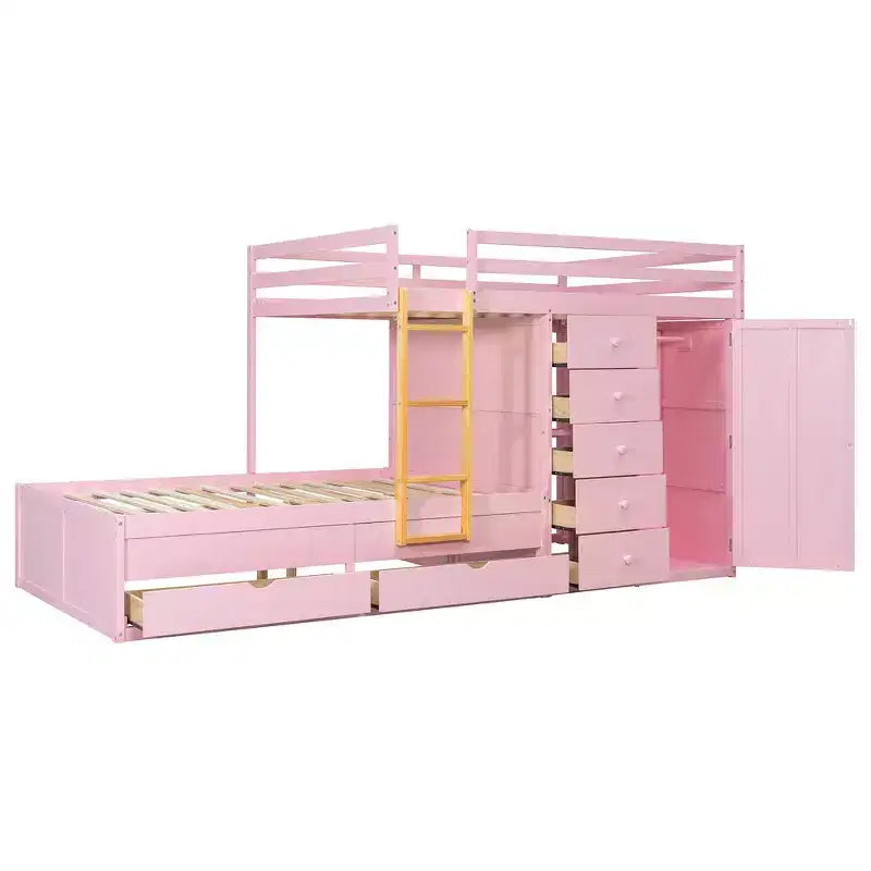 Whisen Full Bunk Bed Frame with 2 Large Drawers & 5 Small Drawers & Small Wardrobe