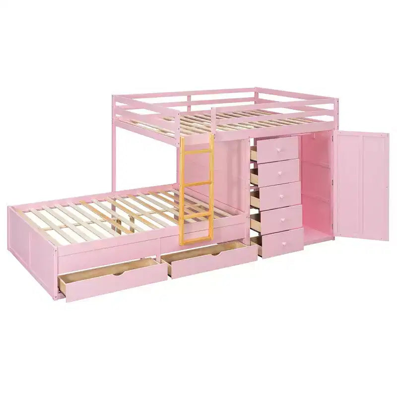 Whisen Full Bunk Bed Frame with 2 Large Drawers & 5 Small Drawers & Small Wardrobe