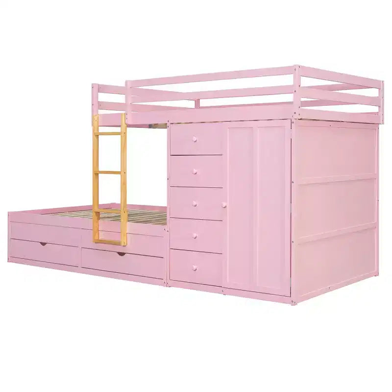 Whisen Full Bunk Bed Frame with 2 Large Drawers & 5 Small Drawers & Small Wardrobe