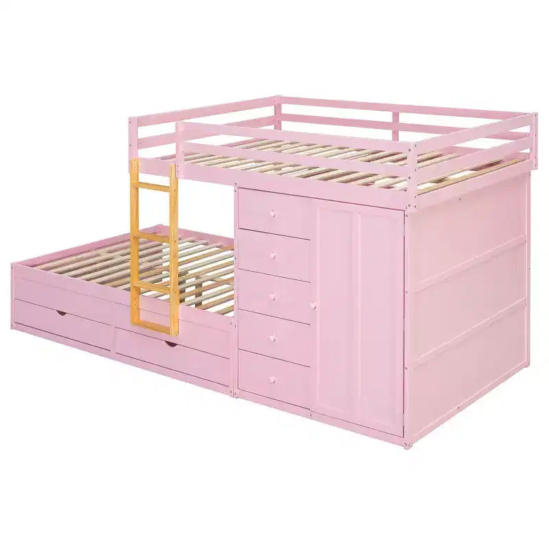 Whisen Full Bunk Bed Frame with 2 Large Drawers & 5 Small Drawers & Small Wardrobe