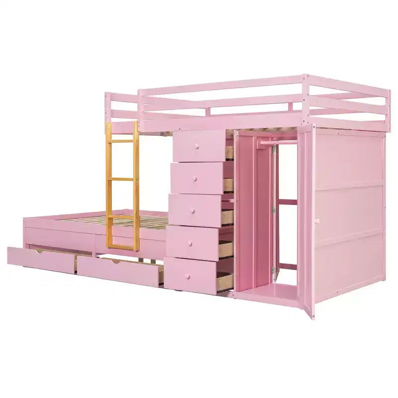 Whisen Full Bunk Bed Frame with 2 Large Drawers & 5 Small Drawers & Small Wardrobe