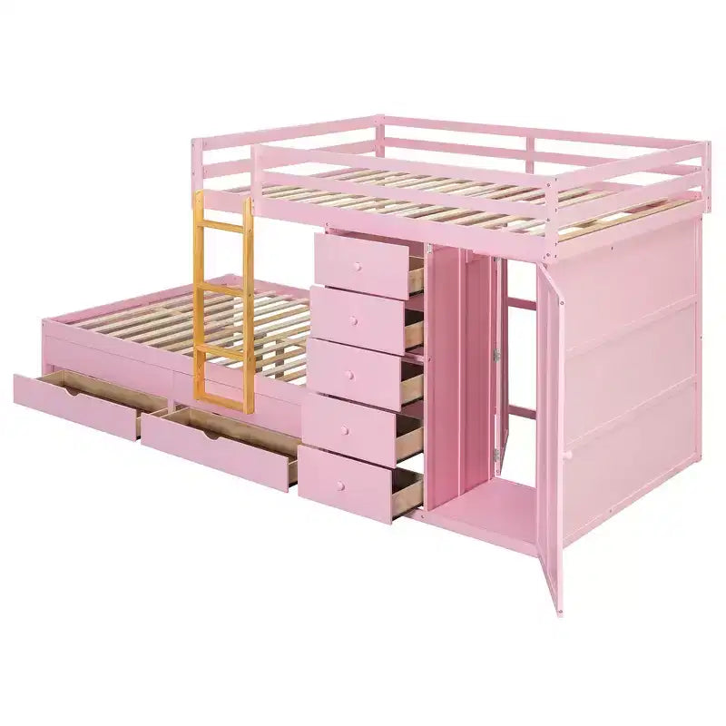 Whisen Full Bunk Bed Frame with 2 Large Drawers & 5 Small Drawers & Small Wardrobe