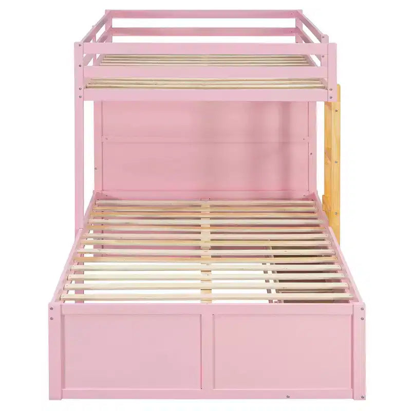Whisen Full Bunk Bed Frame with 2 Large Drawers & 5 Small Drawers & Small Wardrobe