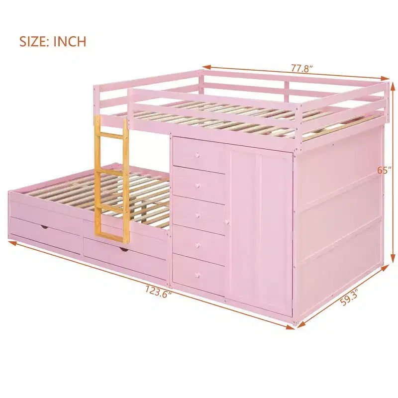 Whisen Full Bunk Bed Frame with 2 Large Drawers & 5 Small Drawers & Small Wardrobe