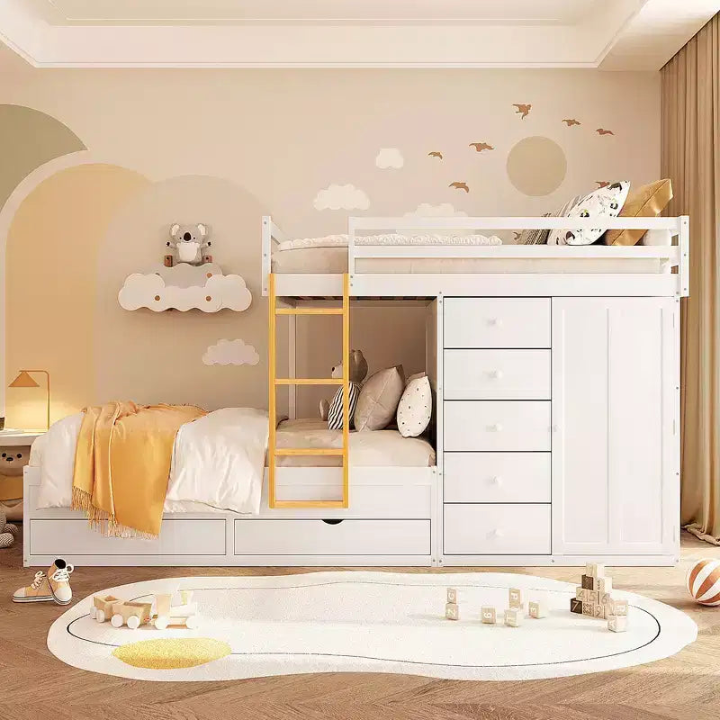 Whisen Full Bunk Bed Frame with 2 Large Drawers & 5 Small Drawers & Small Wardrobe