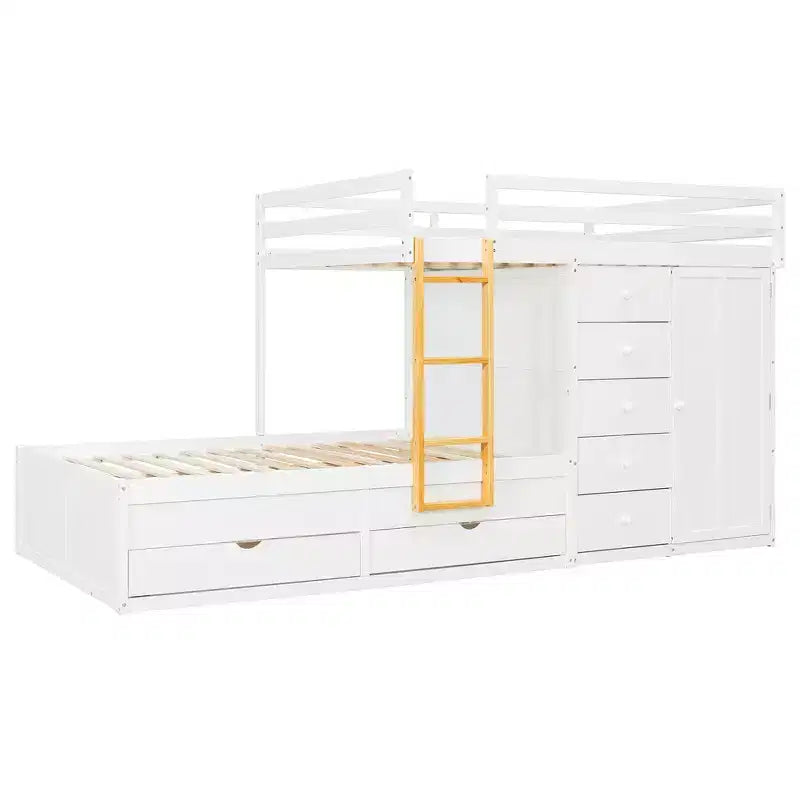Whisen Full Bunk Bed Frame with 2 Large Drawers & 5 Small Drawers & Small Wardrobe