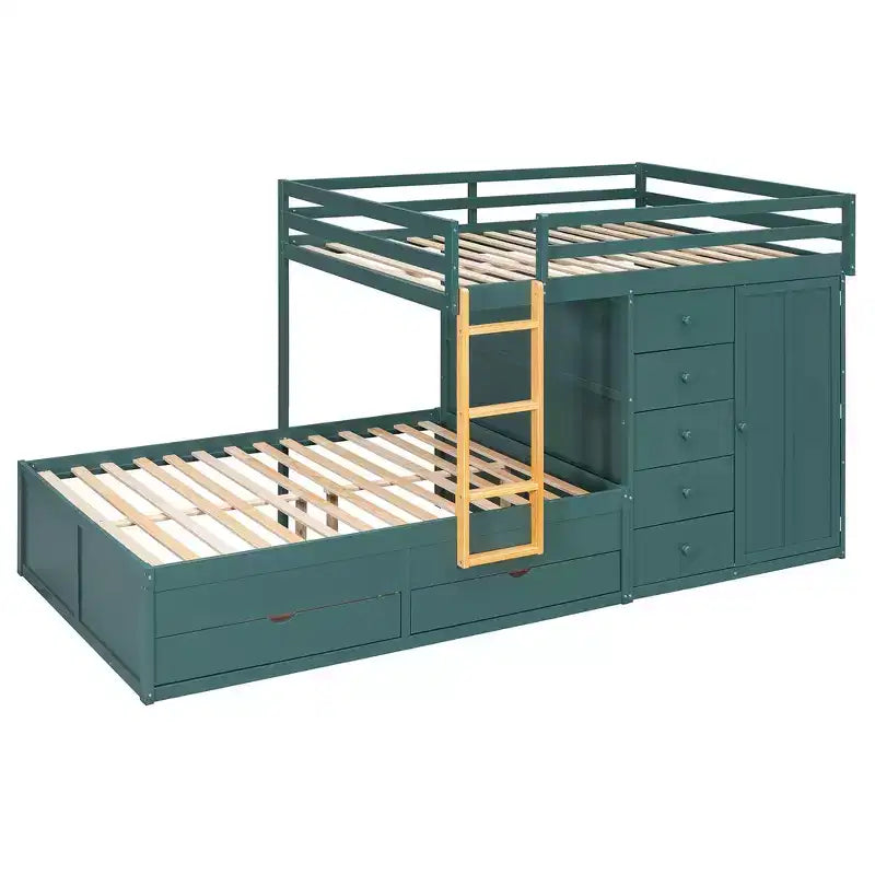 Whisen Full Bunk Bed Frame with 2 Large Drawers & 5 Small Drawers & Small Wardrobe