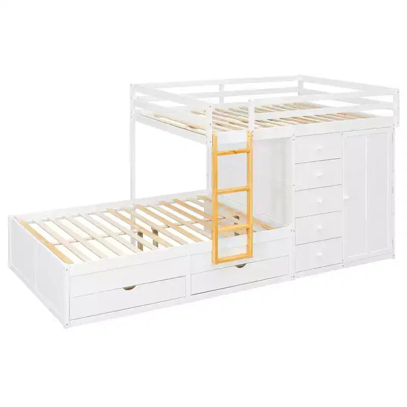 Whisen Full Bunk Bed Frame with 2 Large Drawers & 5 Small Drawers & Small Wardrobe