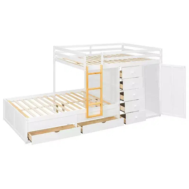 Whisen Full Bunk Bed Frame with 2 Large Drawers & 5 Small Drawers & Small Wardrobe