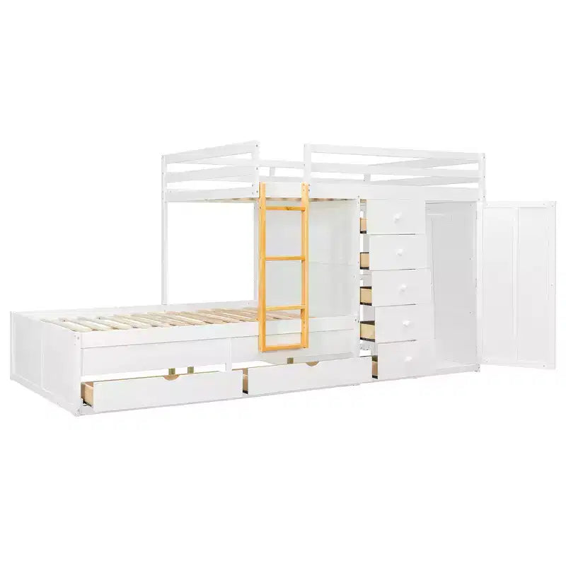 Whisen Full Bunk Bed Frame with 2 Large Drawers & 5 Small Drawers & Small Wardrobe