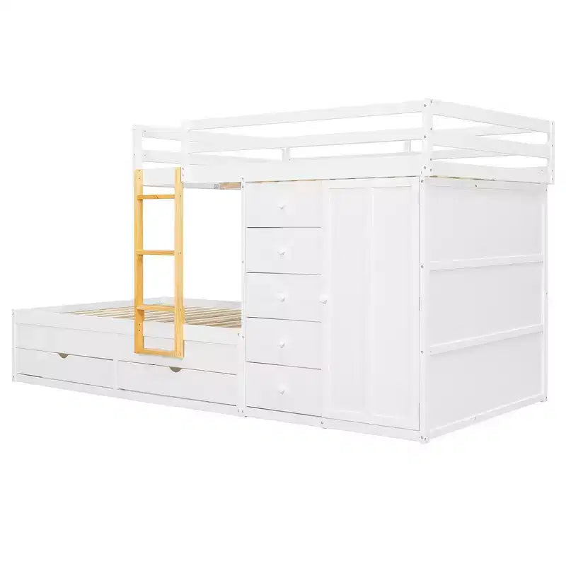 Whisen Full Bunk Bed Frame with 2 Large Drawers & 5 Small Drawers & Small Wardrobe