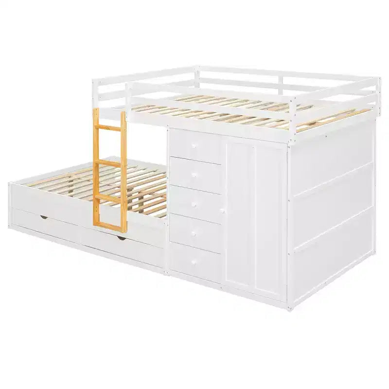 Whisen Full Bunk Bed Frame with 2 Large Drawers & 5 Small Drawers & Small Wardrobe
