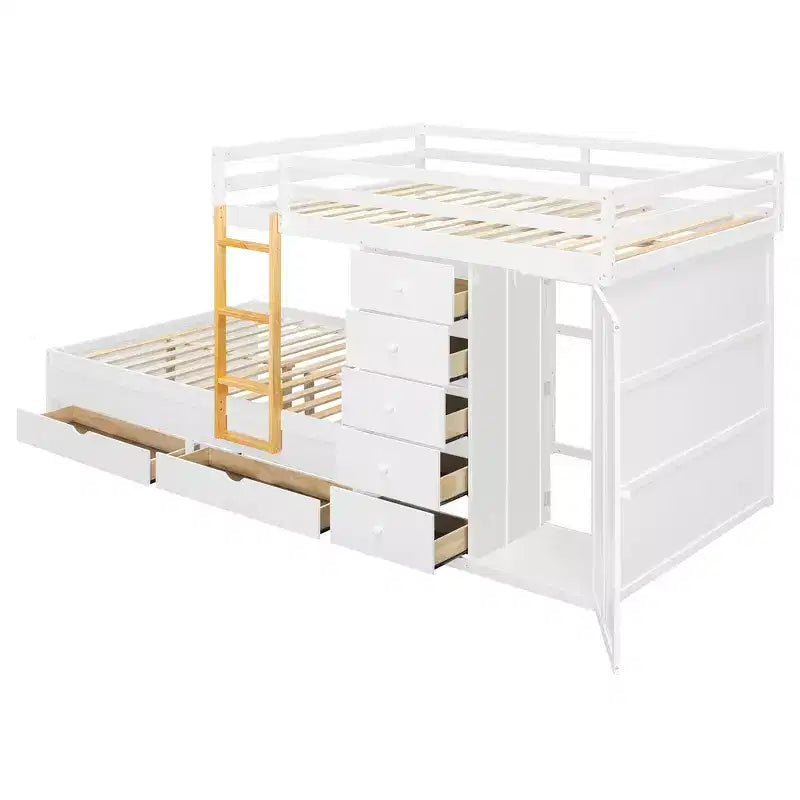 Whisen Full Bunk Bed Frame with 2 Large Drawers & 5 Small Drawers & Small Wardrobe