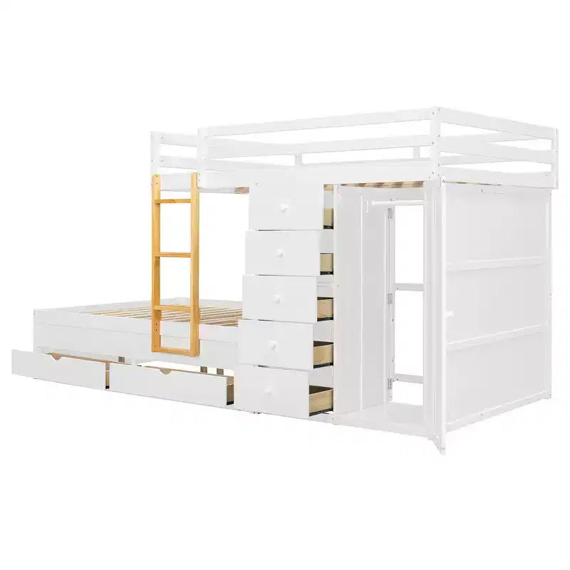 Whisen Full Bunk Bed Frame with 2 Large Drawers & 5 Small Drawers & Small Wardrobe