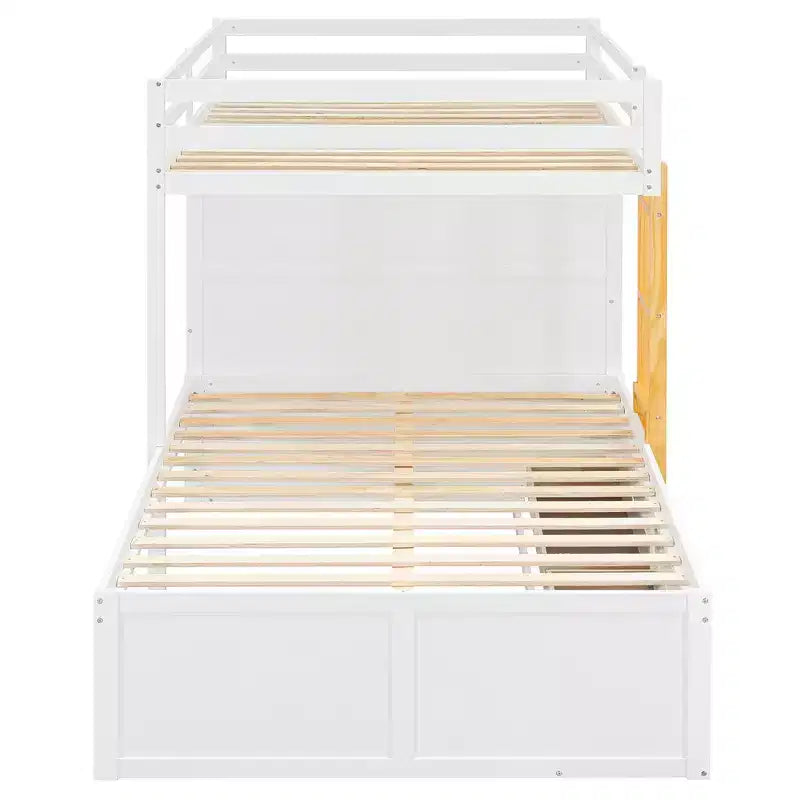 Whisen Full Bunk Bed Frame with 2 Large Drawers & 5 Small Drawers & Small Wardrobe
