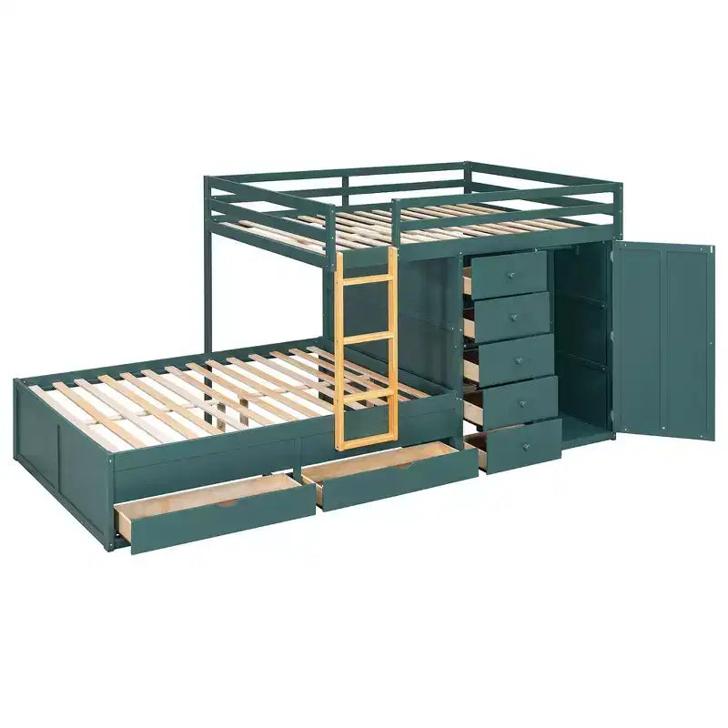 Whisen Full Bunk Bed Frame with 2 Large Drawers & 5 Small Drawers & Small Wardrobe
