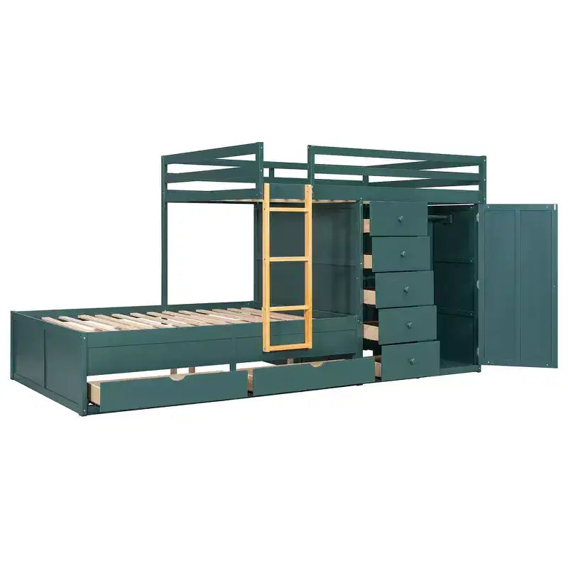 Whisen Full Bunk Bed Frame with 2 Large Drawers & 5 Small Drawers & Small Wardrobe