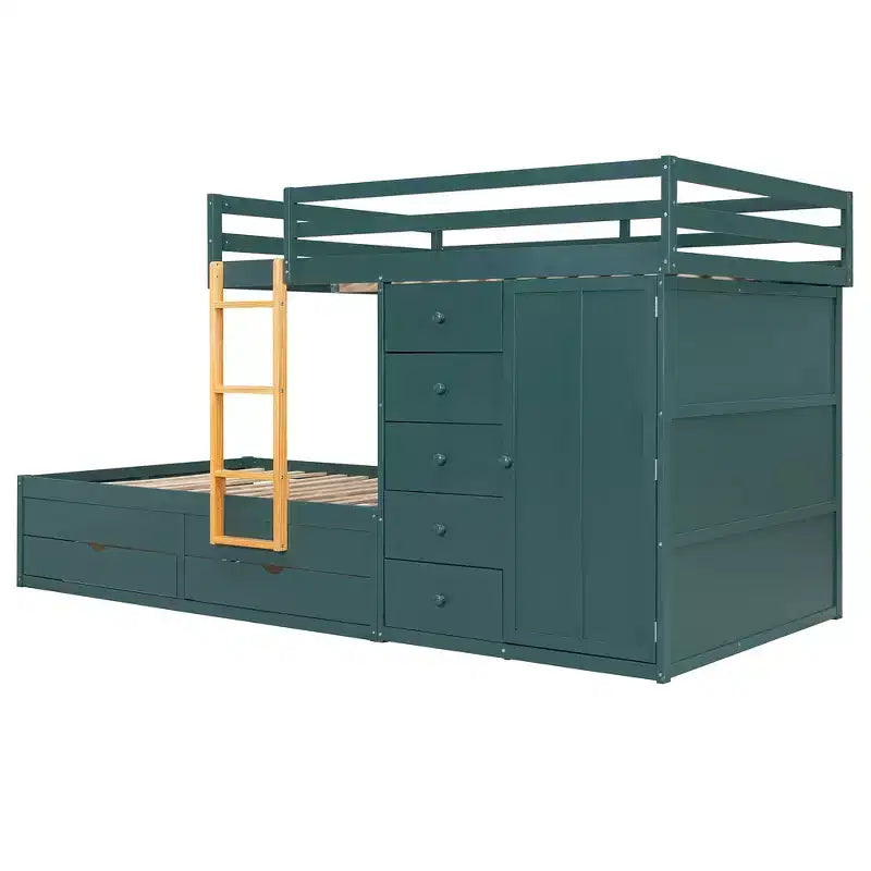 Whisen Full Bunk Bed Frame with 2 Large Drawers & 5 Small Drawers & Small Wardrobe