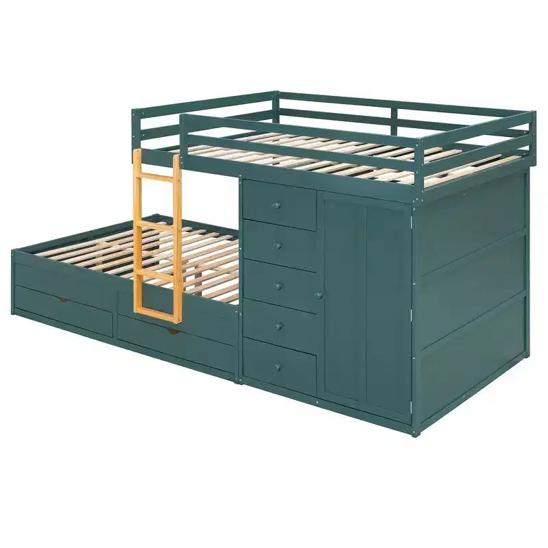 Whisen Full Bunk Bed Frame with 2 Large Drawers & 5 Small Drawers & Small Wardrobe