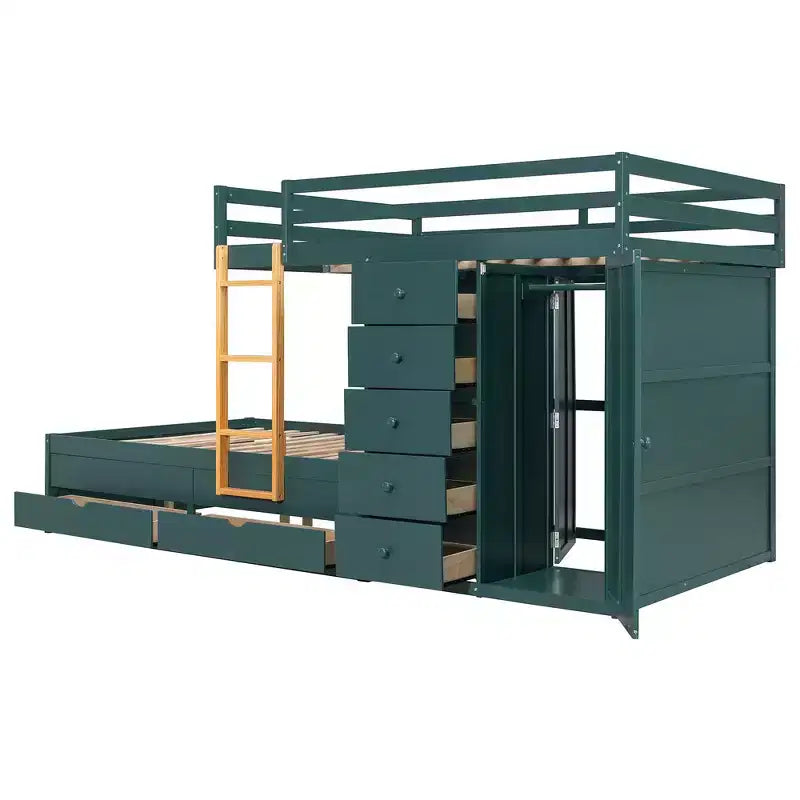 Whisen Full Bunk Bed Frame with 2 Large Drawers & 5 Small Drawers & Small Wardrobe