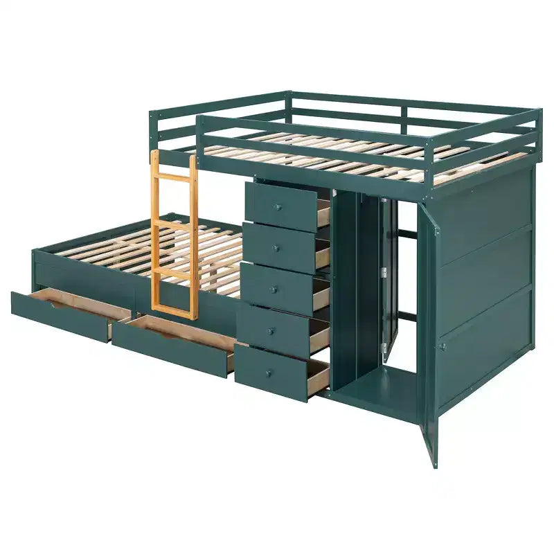 Whisen Full Bunk Bed Frame with 2 Large Drawers & 5 Small Drawers & Small Wardrobe