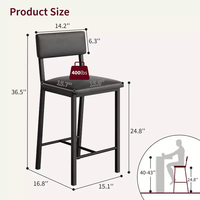 PU Leather Counter Height Bar Stools Set of 2  Backrest, Footrest, Thick Cushion  Black  for Dining Room, Kitchen Island, Apartment Bar