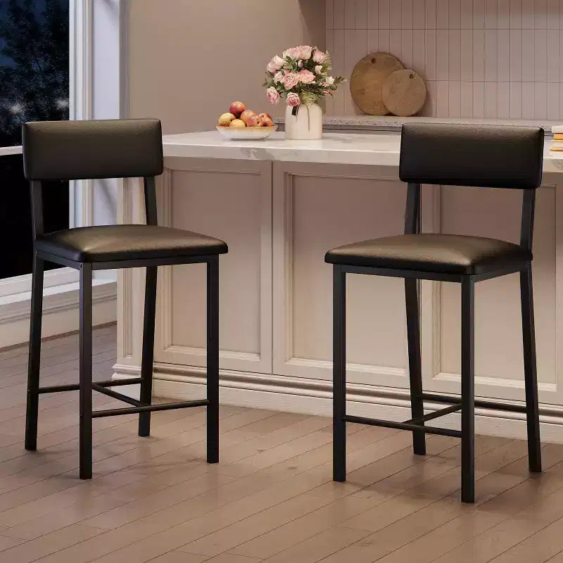 PU Leather Counter Height Bar Stools Set of 2  Backrest, Footrest, Thick Cushion  Black  for Dining Room, Kitchen Island, Apartment Bar