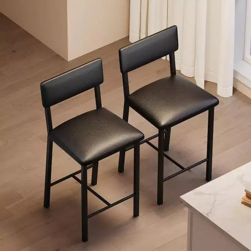 PU Leather Counter Height Bar Stools Set of 2  Backrest, Footrest, Thick Cushion  Black  for Dining Room, Kitchen Island, Apartment Bar