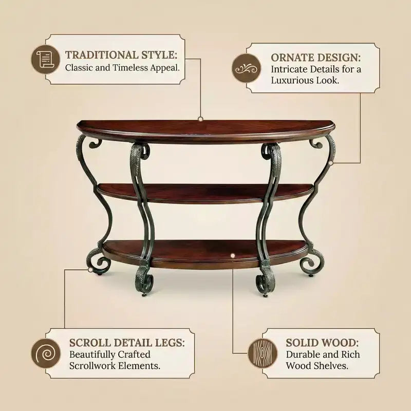 GDFStudio Nelly Traditional Solid Wood Console Table with Open Shelf and Ornate Scroll Metal Legs