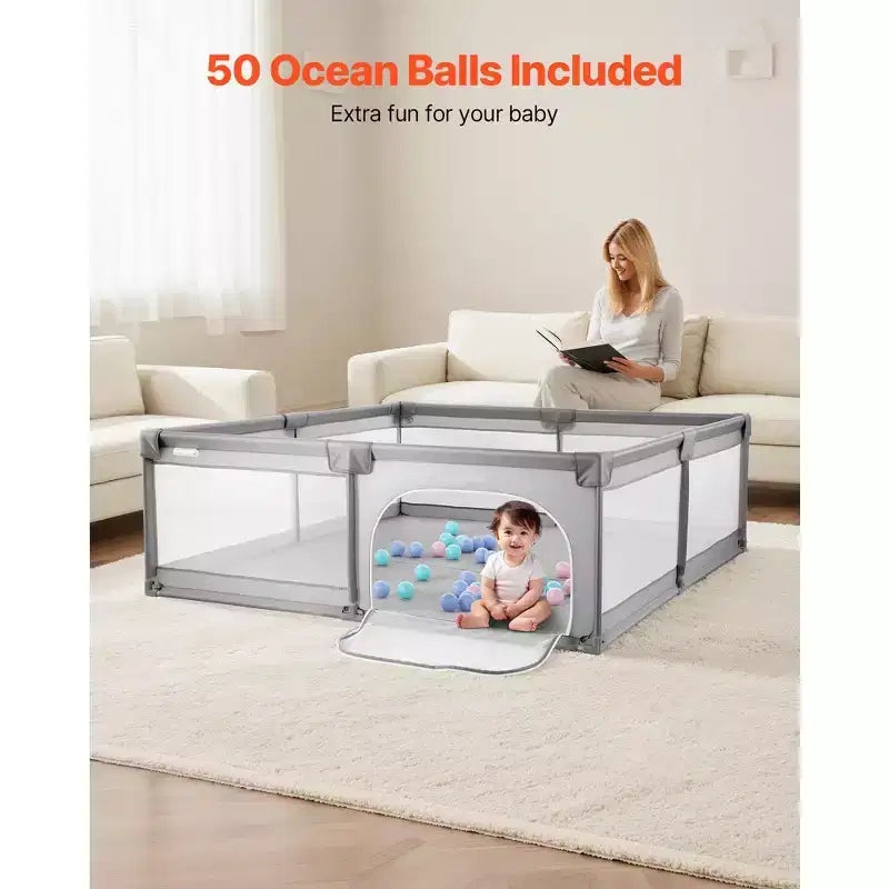 VEVOR Baby Playpen, 78.7 x 58.7 Large Toddlers Playpen, Indoor/Outdoor Baby Fence Play Yard, 50 Ocean Balls, Zippered Door & Mesh, Gray