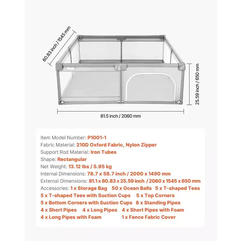 VEVOR Baby Playpen, 78.7 x 58.7 Large Toddlers Playpen, Indoor/Outdoor Baby Fence Play Yard, 50 Ocean Balls, Zippered Door & Mesh, Gray