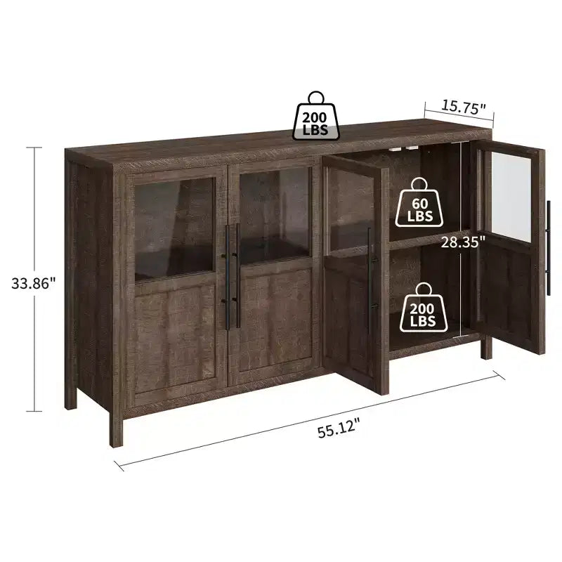Sideboard Buffet Cabinet with 4 Glass Doors, 55 in Buffet Table Display Cabinet for Kitchen Dining Room, Living Room
