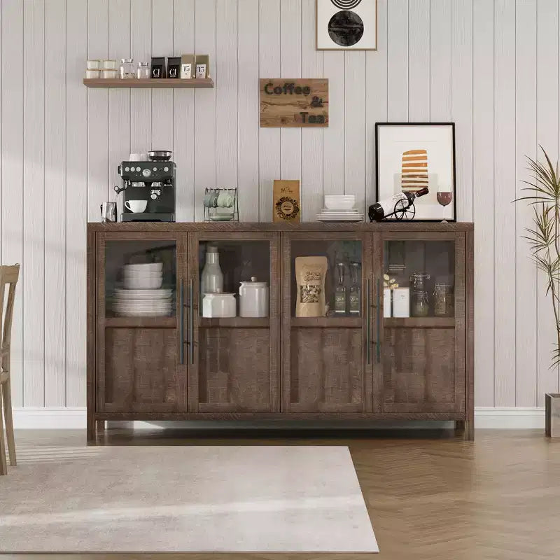 Sideboard Buffet Cabinet with 4 Glass Doors, 55 in Buffet Table Display Cabinet for Kitchen Dining Room, Living Room
