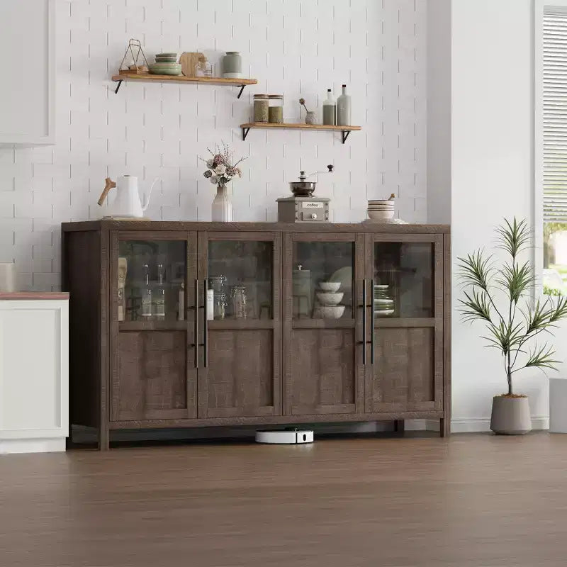 Sideboard Buffet Cabinet with 4 Glass Doors, 55 in Buffet Table Display Cabinet for Kitchen Dining Room, Living Room