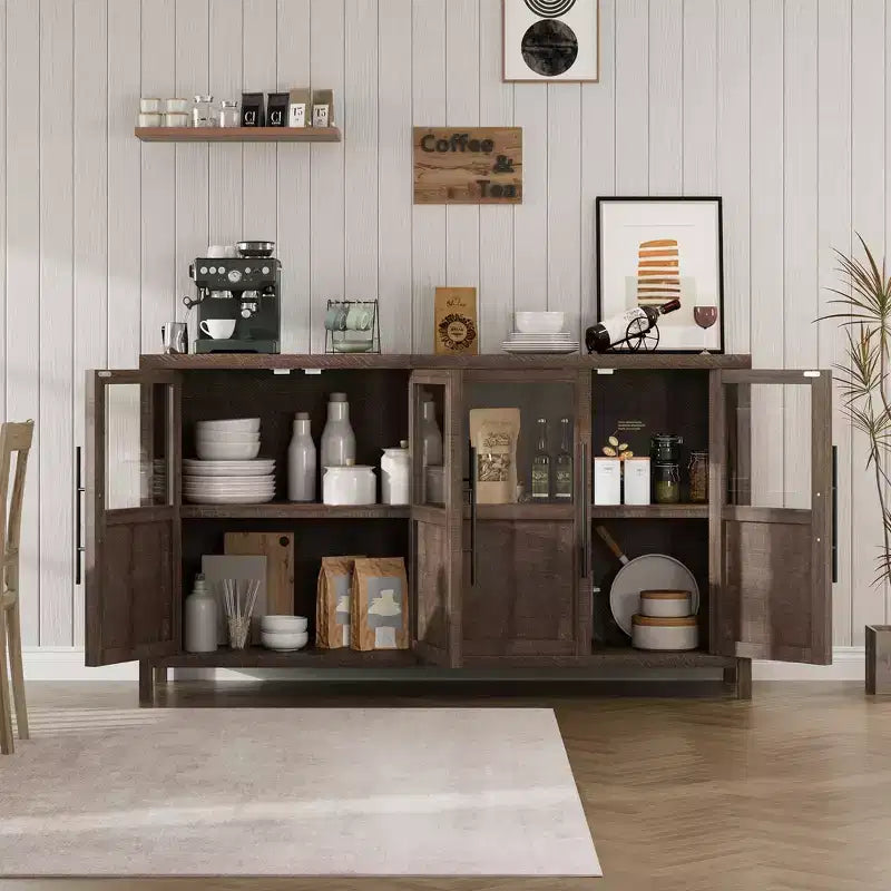 Sideboard Buffet Cabinet with 4 Glass Doors, 55 in Buffet Table Display Cabinet for Kitchen Dining Room, Living Room