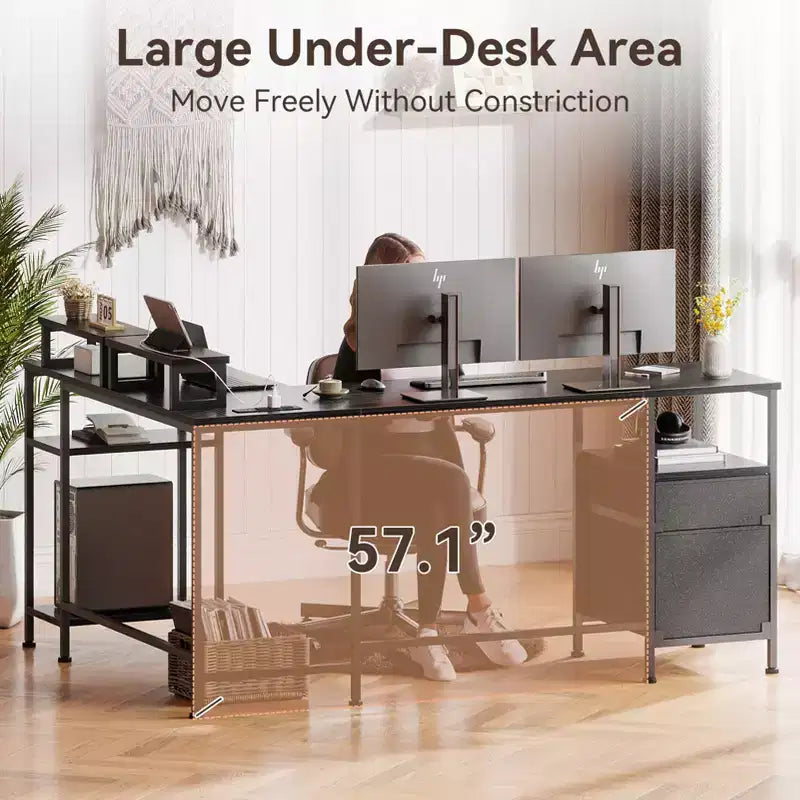 66 Inch Black L Shaped Computer Desk with Charging Station Reversible Corner Gaming Desk File Cabinet Monitor Stand Storage Home Office Workstation