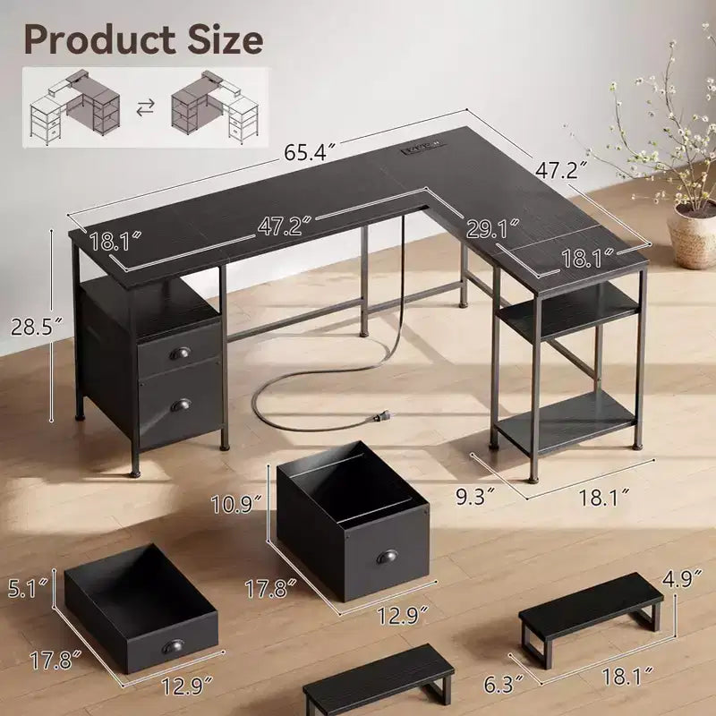 66 Inch Black L Shaped Computer Desk with Charging Station Reversible Corner Gaming Desk File Cabinet Monitor Stand Storage Home Office Workstation