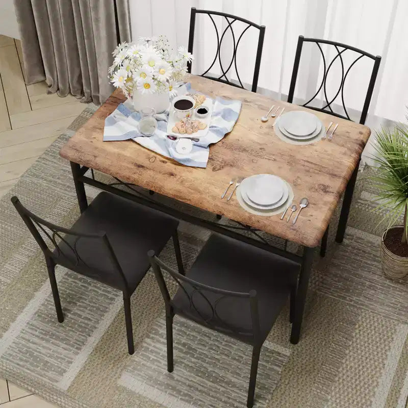 Dining Table Set for 4, Kitchen Table and Upholstered Chairs, Compact Dining Room Set for Apartment & Small Space, Easy Assembly, Rustic Brown