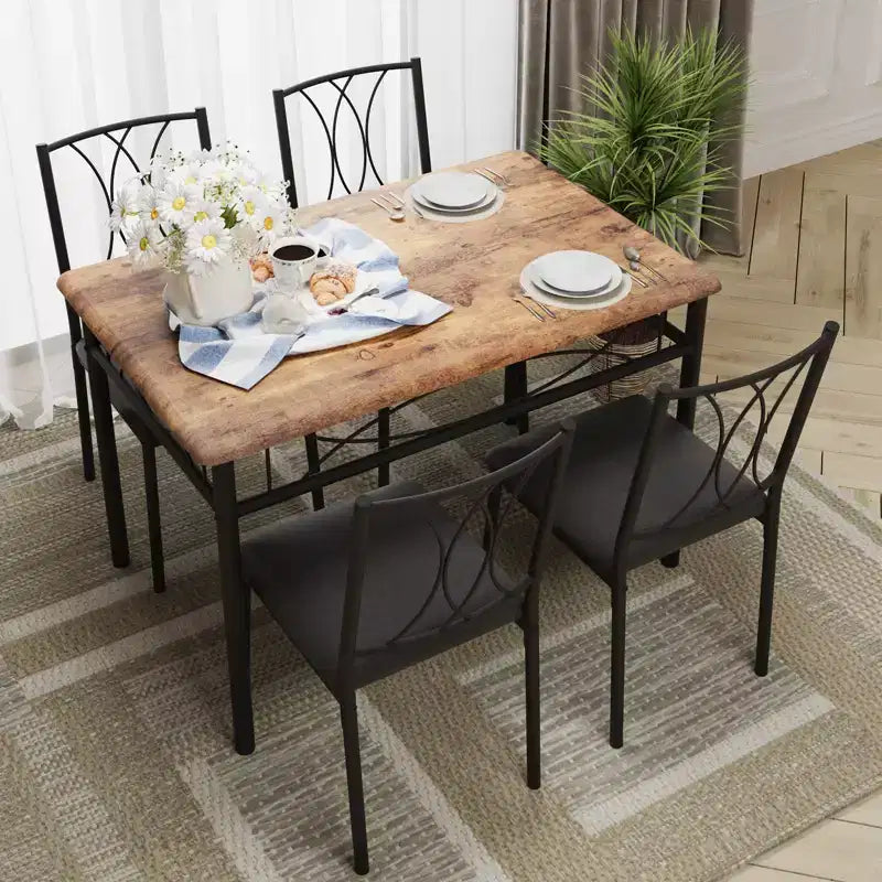 Dining Table Set for 4, Kitchen Table and Upholstered Chairs, Compact Dining Room Set for Apartment & Small Space, Easy Assembly, Rustic Brown