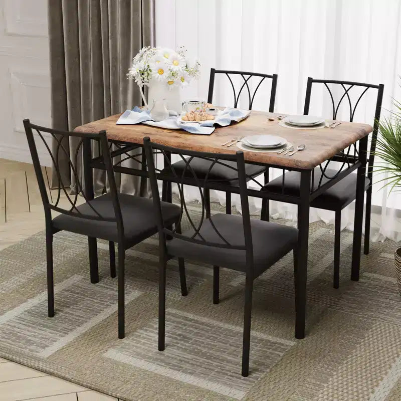 Dining Table Set for 4, Kitchen Table and Upholstered Chairs, Compact Dining Room Set for Apartment & Small Space, Easy Assembly, Rustic Brown