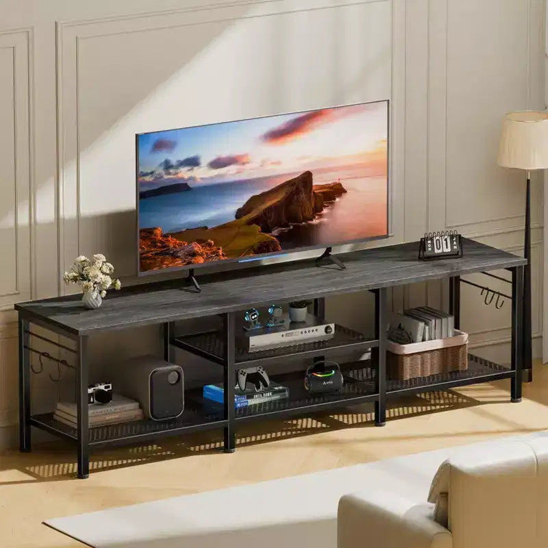 Qwatto 63 Inch Black Oak TV Stand for TVs up to 70 Inch Media Console Entertainment Center with Soundbar Shelf Open Storage Shelves Living Room Decor
