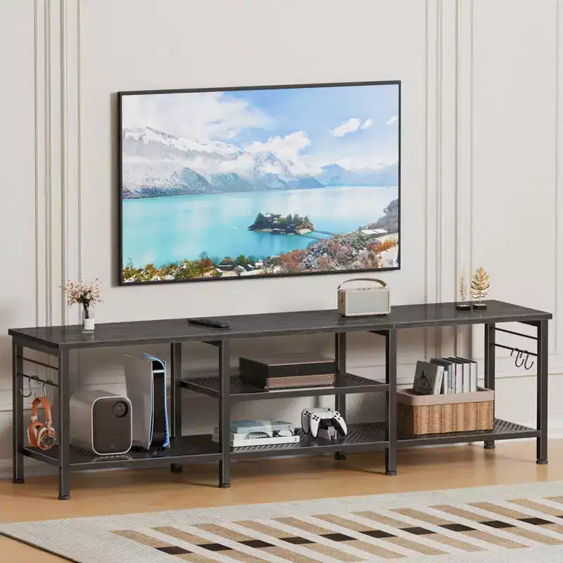 Qwatto 63 Inch Black Oak TV Stand for TVs up to 70 Inch Media Console Entertainment Center with Soundbar Shelf Open Storage Shelves Living Room Decor