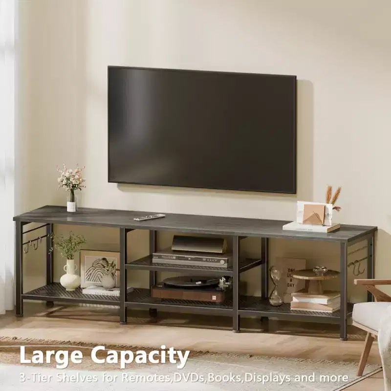 Qwatto 63 Inch Black Oak TV Stand for TVs up to 70 Inch Media Console Entertainment Center with Soundbar Shelf Open Storage Shelves Living Room Decor