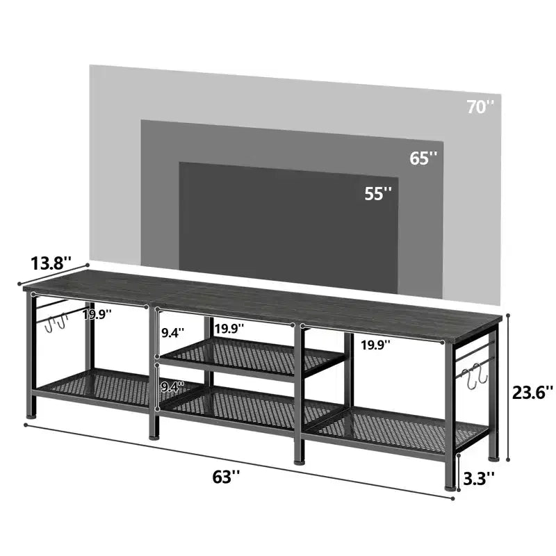 Qwatto 63 Inch Black Oak TV Stand for TVs up to 70 Inch Media Console Entertainment Center with Soundbar Shelf Open Storage Shelves Living Room Decor
