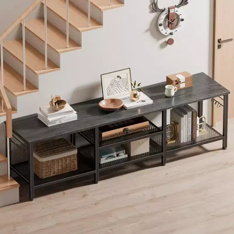 Qwatto 63 Inch Black Oak TV Stand for TVs up to 70 Inch Media Console Entertainment Center with Soundbar Shelf Open Storage Shelves Living Room Decor