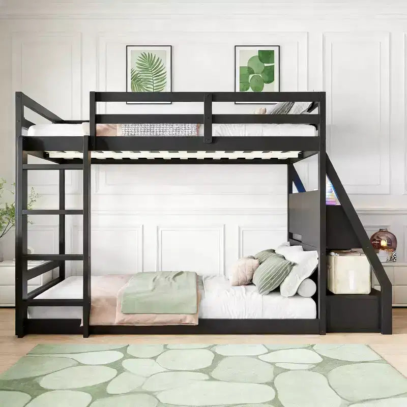 Luxystar Full Bunk Bed with Storage Shelves, 2 Drawers and Lights