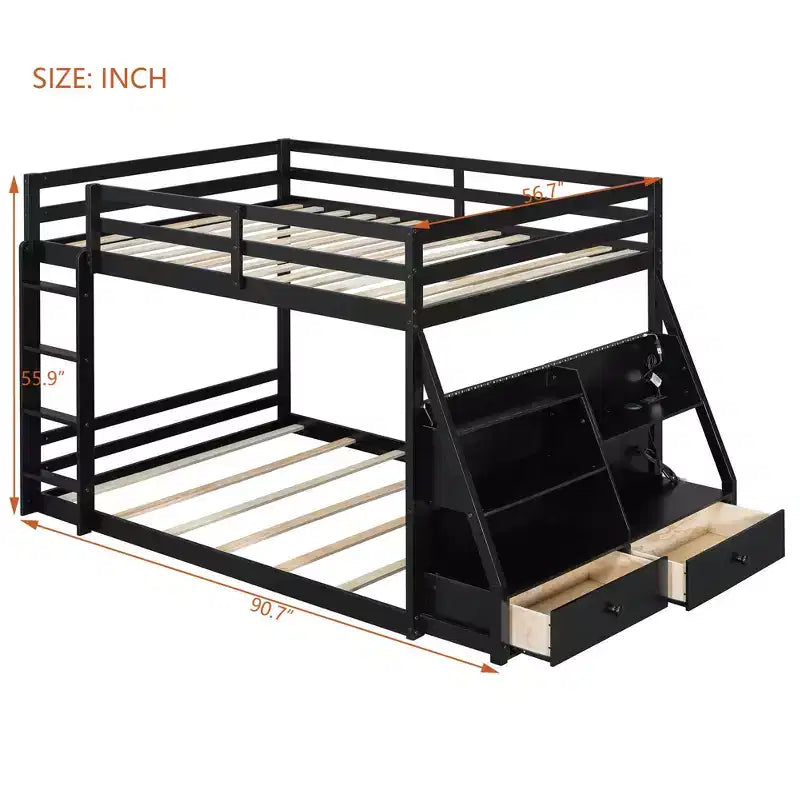 Luxystar Full Bunk Bed with Storage Shelves, 2 Drawers and Lights